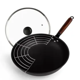 Abangdun 616833857270 Carbon Steel Wok 13-inch Round Bottom With Lid Stir-fry Pan Nonstick
