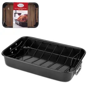 Ai30022 Alpine Cuisine Turkey Roaster Pan With Rack 16-inch - Nonstick Coating Carbon Steel Bl