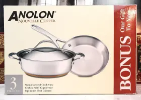Analon 051153772764 Nouvelle Copper 3 Piece Set 9.5 Inch Skillet And Quart Sauteuse Saut Lid Nib