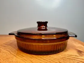 1429 Anchor Hocking Fire King Vintage 1- Quart Ribbed Amber Glass Casserole Dish