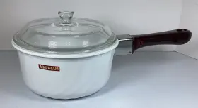 7645 Arcoflam France #7645 Ceramic Sauce Pan Lid Removable Handle Pot 7 X 4 Inch White