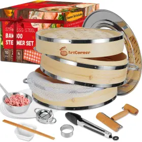 Artcorner 679833313504 2-tier 10-inch Bamboo Steamer Basket Set With Reinforcement And Handlesteamer F