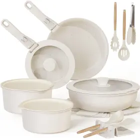 Astercook 744110373912 20 Piece Pots And Pans Set Non Stick Cookware Detachable Handle Cream White