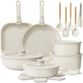 As20222 Astercook 22 Pc Nonstick Ceramic Pots Pans Set Detachable Handle Oven Induction Rv Cream
