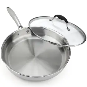 Avacraft 723888012452 12 Inch Stainless Steel Frying Pan With Lid Side Spouts Induction Co