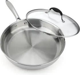 Avacraft 860011935919 10 Inch Tri-ply Stainless Steel Frying Pan With Lid Side Spouts Indu