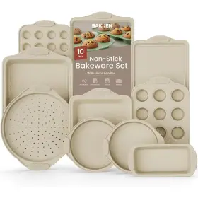 Bakkenmaster 445056948938 Nonstick Gray Coating Carbon Steel Bakeware Set With White Silicone Handles Se