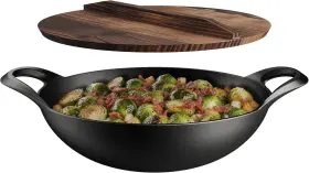 Bakkenmaster 850073577868 Bakken Pre-seasoned Cast Iron Wok With Wooden Lid 14 Inch Stir Fry Pan For Gas Ele