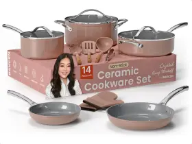 Bakbrwmcry14 Bakkenmaster Crystal Kung Minkoff Ceramic Cookware Set 14-piece Pots And Pans With L
