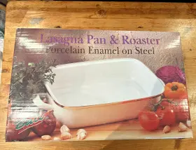 11841 Bali Nos 1997 Handled Lasagna Pan Roaster White Porcelain Enamel / Steel 16 X12