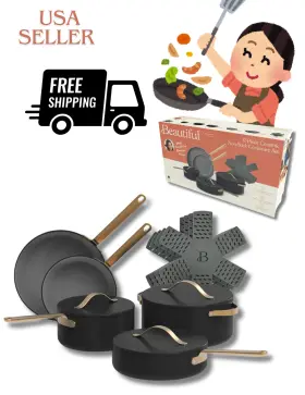 Beautiful 829486192166 12pc Ceramic Non-stick Cookware Set Black Sesame By Drew Barrymore
