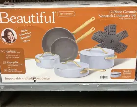 Beautiful 829486199196 Nib Drew Barrymore 12pc Ceramic Non-stick Cookware Set Cornflower Blue