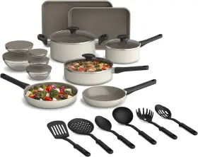 35241-016a Bella 21 Piece Kitchen Set With Evergood Ceramic Nonstick Coating Oatmilk