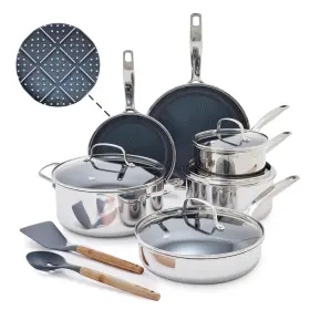 Cc009807-001 Blue Diamond Hybrid Nonstick Stainless Steel 12 Piece Cookware Set Tri-ply