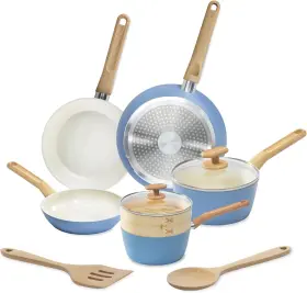 4544 Bradshaw Home 10pc Light Blue Ceramic Nonstick Cookware Set With Utensils New