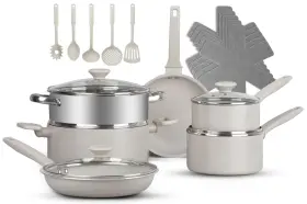 8715 Branded 20 Piece Beige Speckle Nonstick Cookware Set Pots Pans And Bakeware Complete