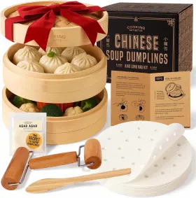 Branded01 445037413493 6 Piece Set Steamer Basket Soup Dumpling Kit 2 Tier Agar Recipes And Video