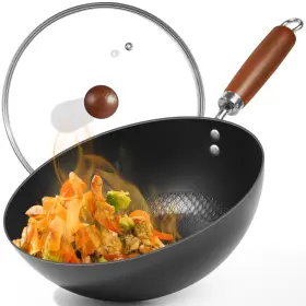 Brbrgo 723269917727 Carbon Steel Pan 9.5inch Stirfry Woks And Pans Set With Glass Lid 1.65lb Ligh