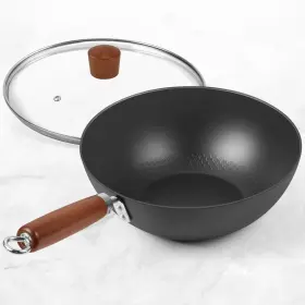 Brbrgo 768383616682 Carbon Steel Wok Pan 9.5 Inch Authentic Chinese And Stir-fry Pans Set With Glass Lid