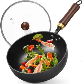 Brbrgo 768383616910 9.5 Carbon Steel Wok With Lid - Authentic Chinese Stir-fry Deep Fry Pan