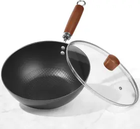 Bbg-105 Brbrgo Carbon Steel Wok Pan 10.5 Inch Authentic Chinese Stir-fry Pans Set With Glass Lid
