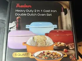 Bruntmor 810746038140 2-in-1 Enamel Cast Iron 5 Quart Dutch Oven And 10 Inch Skillet - Red