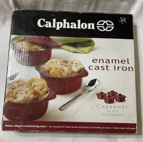 Calphalon 016853034451 Enamel Cast Iron Set Of 4 Mini Soup Pots With Lids New In Box Red Nib