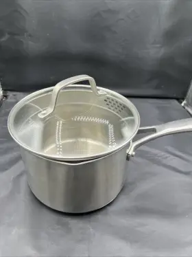 87035 Calphalon Pan And Glass Strainer Lid 3.5 Quart Stainless Steel Dual Pour Sauce