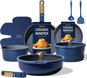 Carote 445032410497 Blue&gold Ceramic 15pcs Pots And Pans Cookware Set With Detachable Handle