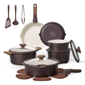94594190 Carote 24pc Ceramic Nonstick Cookware Set With Detachable Handle Brown
