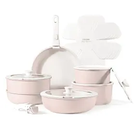 A09055 Carote 18-piece Nonstick Cookware Set With Detachable Handle Pink Granite