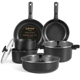A10960 Carote 12-piece Nonstick Cookware Set With Detachable Handles Black