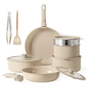 C07793 Carote 14pcs Pots And Pans Set Ceramic Cookware Taupe