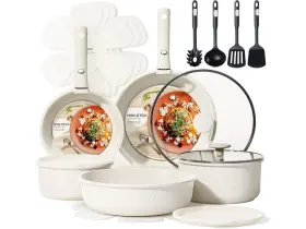 Carote Cookware Set 19pcs Wh Detachable Handles Pots Pans Lids Nonstick Cream White