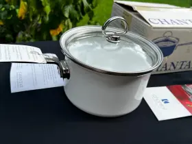 35-152s Chantal Vintage 2 Quart White Enamel Saucepan With Lid And Box Made In Germany