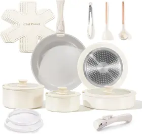 Chef Power 782003139382 Ceramic Nonstick Pots And Pans Set 19 Piece With Detachable Handle Induction