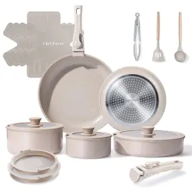 Chef Power 782003139580 Ceramic Nonstick Pots And Pans Set 19 Piece With Detachable Handle