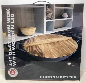 Cc-1950-cirn Chefs Counter Cast Iron Wok 14 Inch With Wooden Lid Flat Base Oven Safe To 500 F