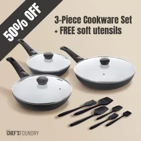 P600 Chefs Foundry Ceramic Cookware Set 3x Pans Silicon Utensils/trivets