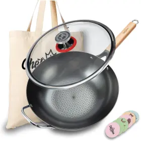 Cs-moose-f32 Chefseason Flat Bottom Carbon Steel Wok 12.6 Inch Un-coated And Pre-seasoned Chinese P