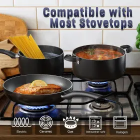 02729 Cook N Home Nonstick Cookware Set Aluminum Tempered Glass Lids Black 8-piece