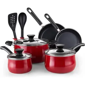 02733 Cook N Home Belly Shape 10-piece Aluminum Nonstick Cookware In Marble Red