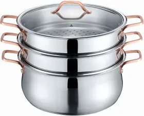 Spi-30 Cookware Premium Stainless Steel 3 Tier Steamer With Rose Gold Handles 30 Cm