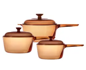 Corning Vision V-1/2-b 3 Amber Saucepans 0.5 Qt 1 1.5 Pyrex Lids Vtg