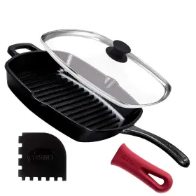 Cuisinel 724190322468 Cast Iron Square Grill Pan Glass Lid Scraper Handle Cover - 10.5 Inch P