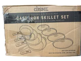 Cuisinel 810033751301 Cast Iron Skillets Set 6 Inch 8 10 12 Glass Lids Silicone Handle Grips