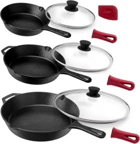 Cuisinel 810033751325 Cast Iron Skillets Set Glass Lids - 8 Inch 10 12 -inch Frying Pans Silicone