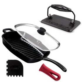 Cuisinel 810033757174 Cast Iron Grill Pan Rectangular Press Tempered Glass Lid