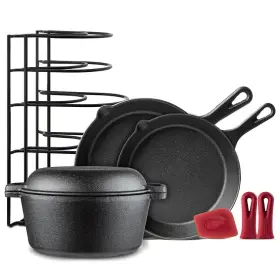 Cb-503 Cuisinel Chefs Essential 5 Piece Cast Iron Set Skillets Dutch Oven Pan Rack