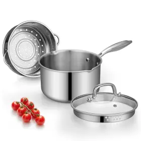 Cyrosa C-tg01-1610 Triply Stainless Steel Sauce Pan With Steamer Basket And Straining Glass Lid